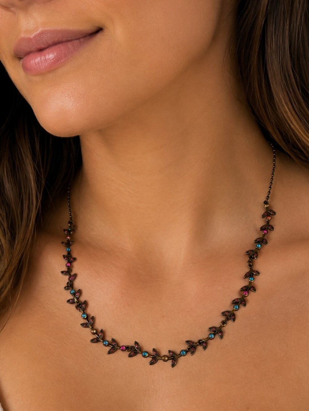 SWEET ROMANCE Antique Brass Multicolor Crystal Vine Leaf Goddess Collar Necklace